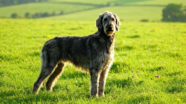 Majestic Irish Wolfhound type dog standing in a sunlit green field