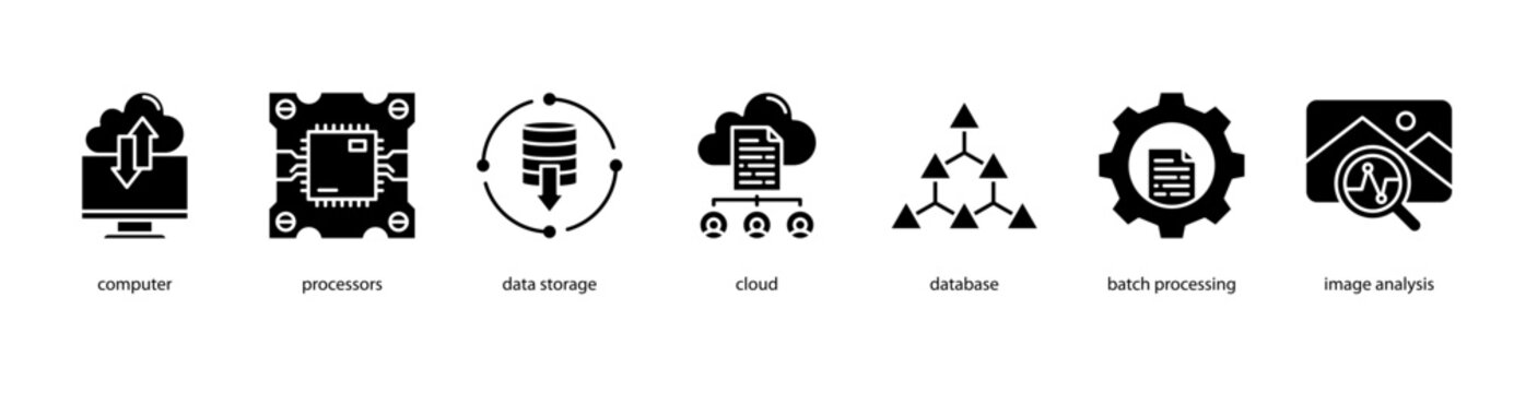 Cloud Computing web banner icon vector illustration featuring Computer, Processors, Data Storage, Cloud, Database, Batch Processing, and Image Analysis.