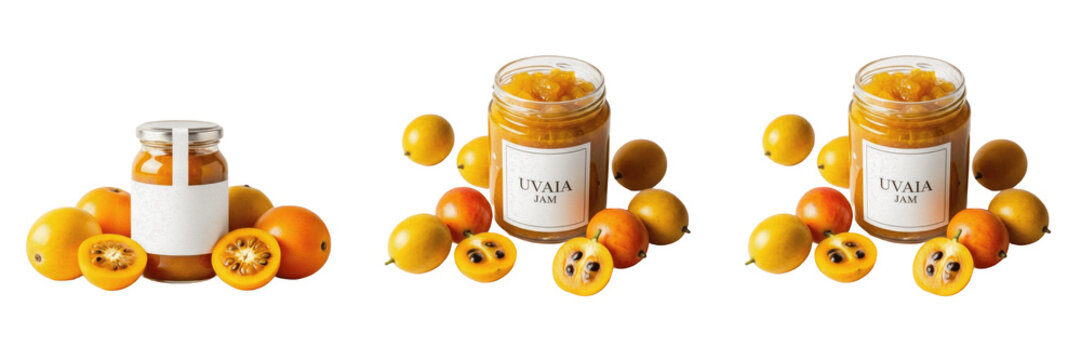 Uvaia jam jar with uvaia fruit isolated on white background, Eugenia pyriformis Brazilian native fruit preserve, uvaia fruta tropical jam packaging mockup