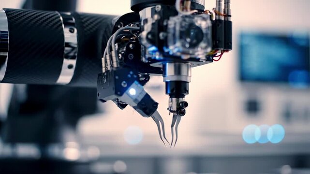A close-up view of a mechanical robotic arm with a claw-like tool