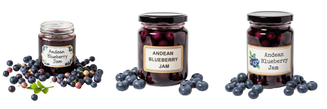Andean blueberry jam jar with Andean blueberries isolated on white background, Vaccinium floribundum morti&ntilde;o berry preserve, Andean berry fruit jam packaging mockup