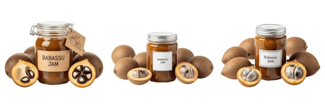 Babassu jam jar with babassu fruit isolated on white background, Attalea speciosa palm fruit preserve, babassu nut fruit jam Brazilian packaging mockup