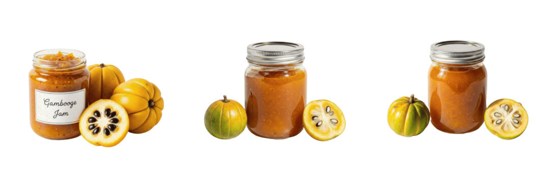 Gambooge jam jar with gambooge fruit isolated on white background, Garcinia cambogia tropical sour fruit preserve, Malabar tamarind fruit jam packaging mockup