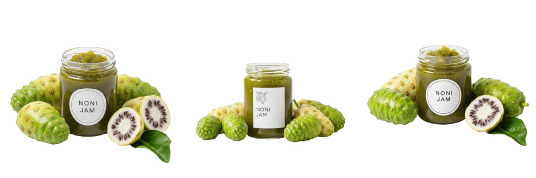 Noni green jam jar with noni fruit isolated on white background, Morinda citrifolia unripe noni fruit preserve, green noni fruit jam packaging mockup