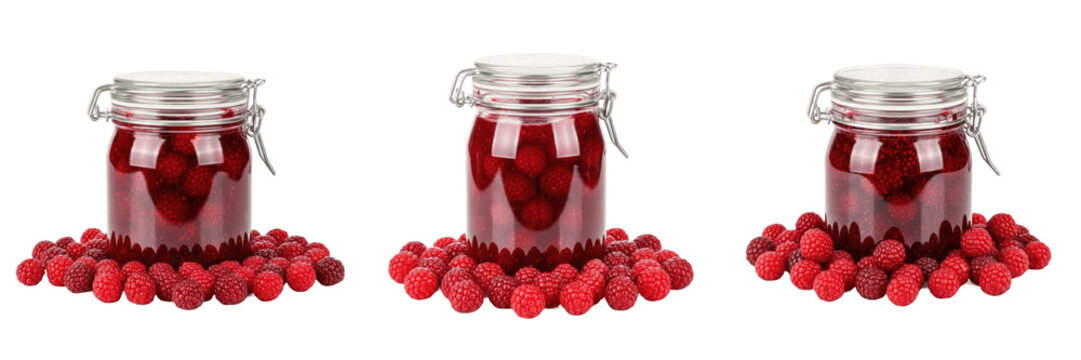 Red bayberry jam jar with red bayberries isolated on white background, Myrica rubra Chinese bayberry preserve, yangmei fruit jam packaging mockup