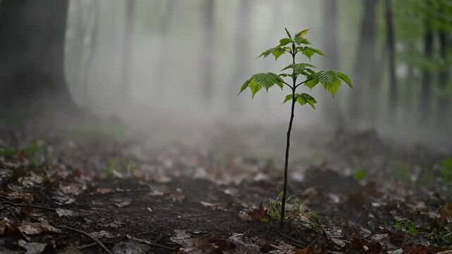 Young sapling grows in foggy forest, new beginning, hope, nature, spring