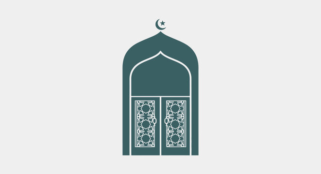 Islamic archway with crescent moon and star, ornate doors, mosque entrance, green silhouette