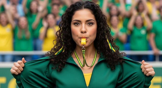 A female referee in a green and yellow uniform blowing a whistle at a sports event Brazilian woman fan in green and yellow at the 2026 soccer world championship.