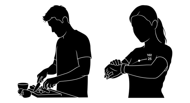 A man preparing food and a woman checking her heart rate Vector, illustration