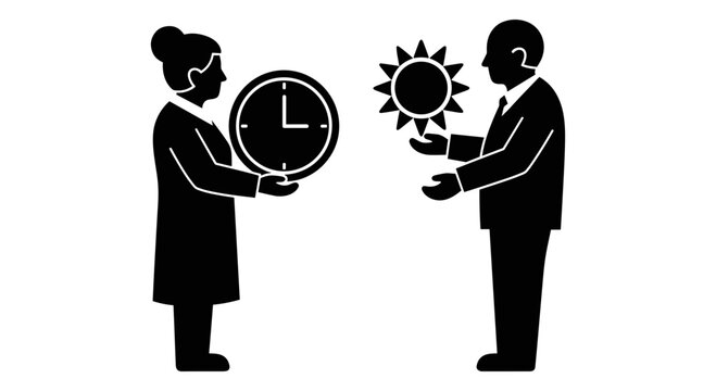 A man and a woman are holding a clock and a sun Vector, illustration