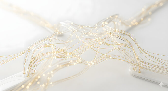 Abstract visualization of complex interwoven transparent tubes with glowing gold light fibers, representing a global data network and sophisticated communication infrastructure against a clean white b