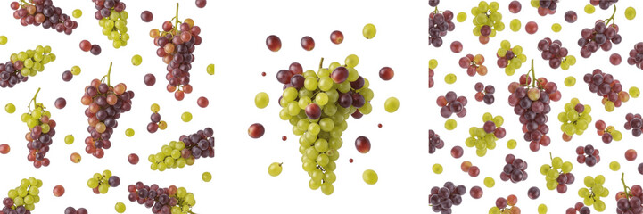 Grapes with loose grape grains flying isolated on white background, Vitis vinifera clusters with individual berries and seeds, purple and green grapes dynamic scatter composition © Sweet