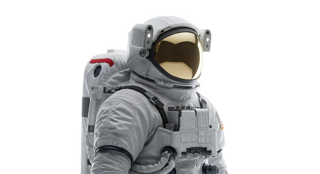 An astronaut in a white spacesuit with a gold visor stands against a black background on transparent background