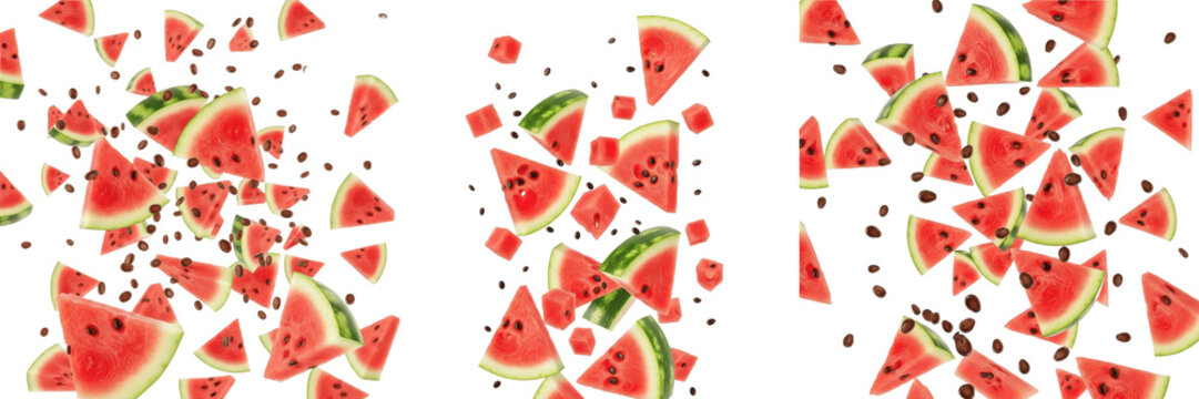 Watermelon slices and seeds flying isolated on white background, Citrullus lanatus fruit wedges with black seeds, red flesh and rind pieces in motion, refreshing fruit composition
