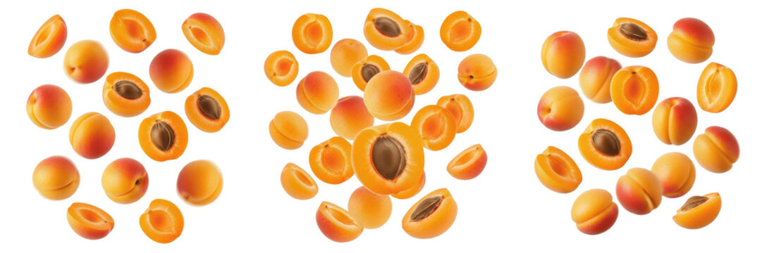 Apricots and apricot halves flying composition isolated on white background, Prunus armeniaca fruit segments with orange flesh and central pits, split apricot pieces in motion