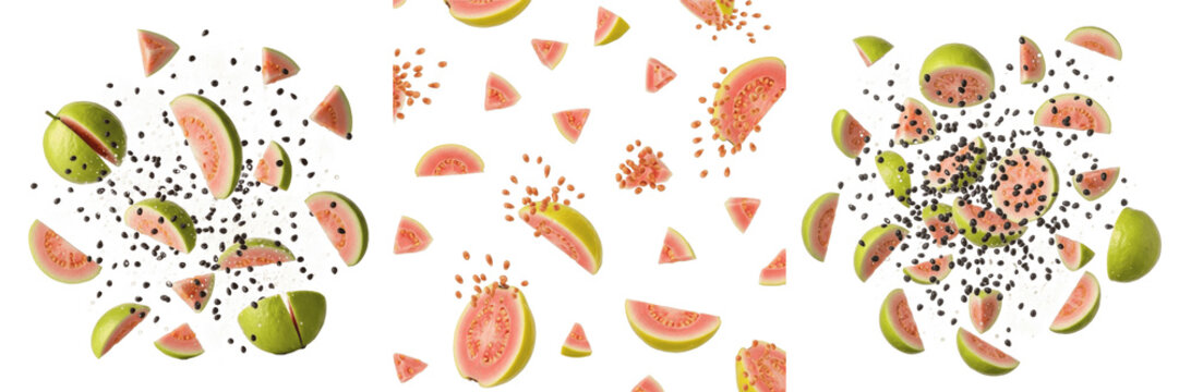 Guavas with seeds flying composition isolated on white background, Psidium guajava fruit slices with visible seeds and pink or white flesh, whole and cut guava pieces in motion