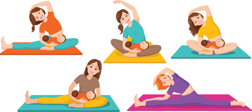 Mother and baby yoga set with cartoon woman exercising and stretching on mats for postnatal fitness and wellness.