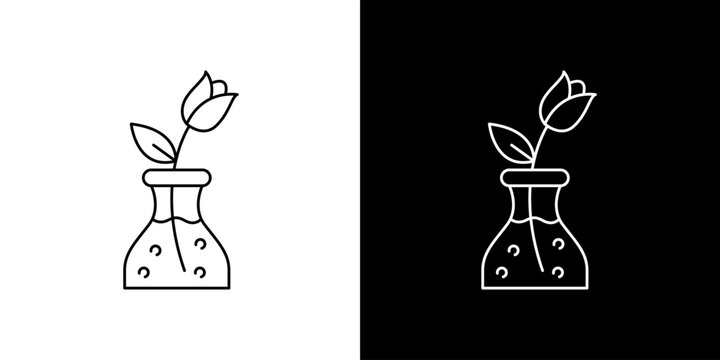 Minimalist line art icon illustration of a rose in a vase, presented on white and black backgrounds for versatility