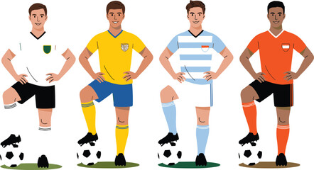 Set of professional male soccer players in colorful team uniforms standing with footballs for sports competition and fitness. © mstlipibegum
