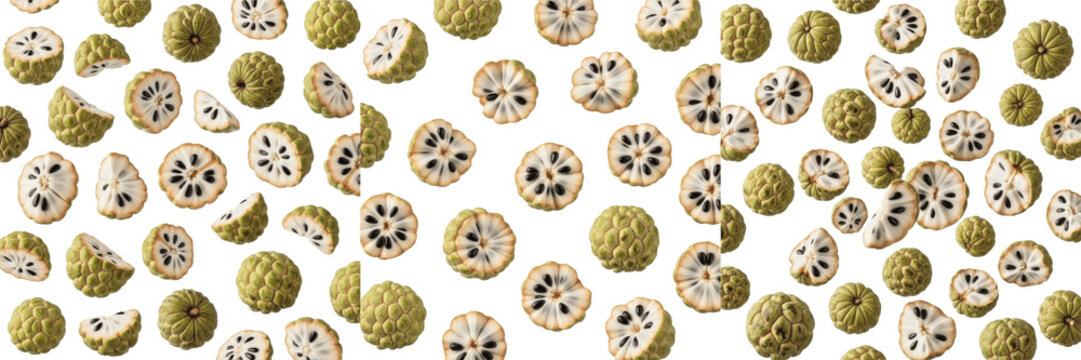 Custard apples opened flying composition isolated on white background, Annona squamosa segmented creamy white flesh with black seeds exposed and separated in motion