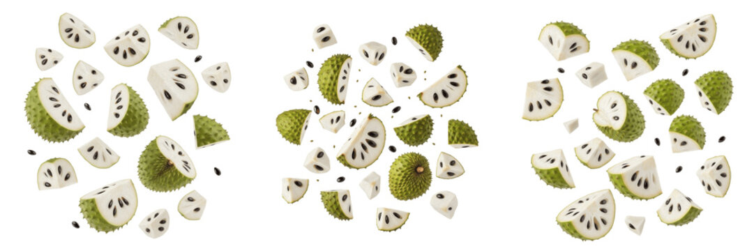 Soursop chunks flying composition isolated on white background, Annona muricata white fibrous pulp pieces with seeds removed and scattered irregular chunks in motion