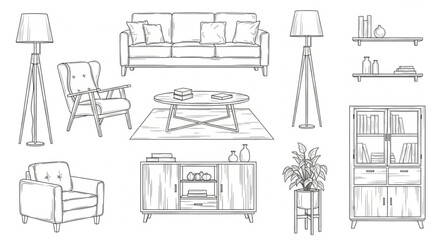 Sketch of a living room interior with furniture. © Nenti