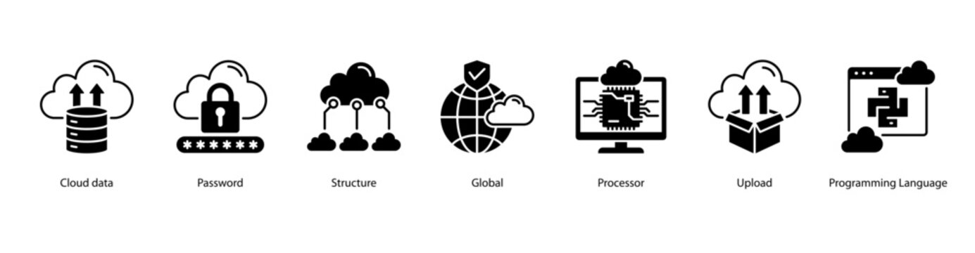 Cloud Data Systems web banner icon vector illustration featuring Cloud Data, Password, Structure, Global, Processor, Upload, and Programming Language.