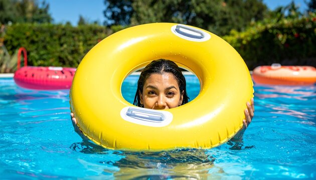 水に浮かぶ浮き輪の間からヒョコッと顔を出す女性の写真