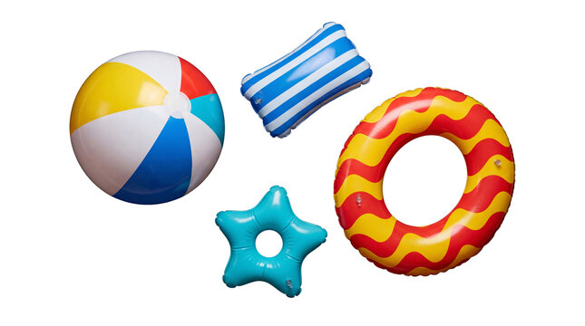 Lively collection of colorful inflatable beach toys, including a ball, ring, pillow, and star, ready for summer fun.