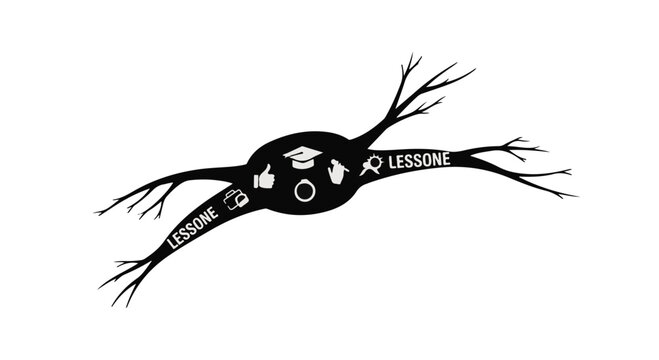 Stylized neuron or synapse graphic with educational icons and the word 'LESSONE' on branches.
