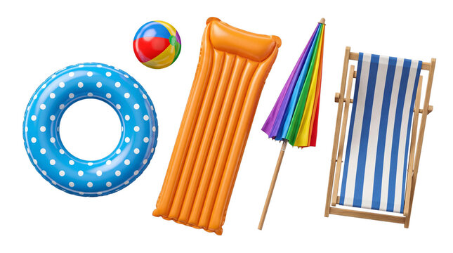 Holiday vacation beach accessories and summer recreation objects 3D render illustration isolated on transparent.