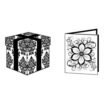 Damask Gift Box and Floral Card SVG Set, Elegant Black and White Celebration Graphics