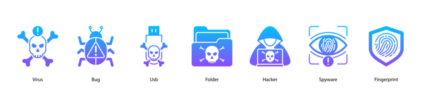 Cyber Threats web banner icon vector illustration featuring Virus, Bug, USB, Folder, Hacker, Spyware, and Fingerprint.