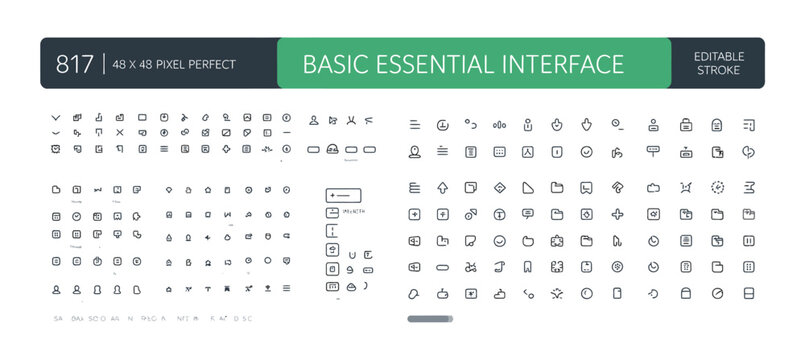 Collection of 817 essential interface icons, pixel perfect, 48x48 resolution, editable stroke, vector.