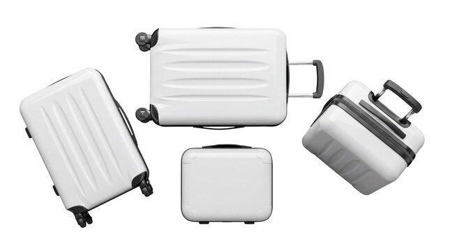 Collection of white hard shell suitcases and travel luggage from different angles isolated on white background, set of modern plastic carry-on bags with wheels