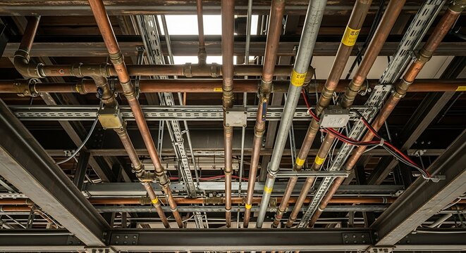 Industrial ceiling infrastructure pipes and conduit system in a modern building