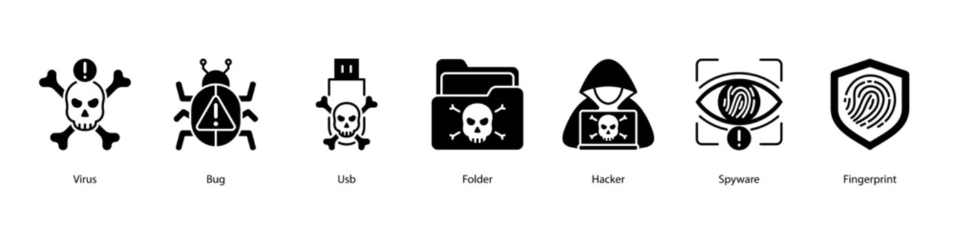 Cyber Threats web banner icon vector illustration featuring Virus, Bug, USB, Folder, Hacker, Spyware, and Fingerprint.