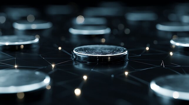 decentralized finance token grid, luminous crypto-style financial nodes floating slightly above a black reflective platform,