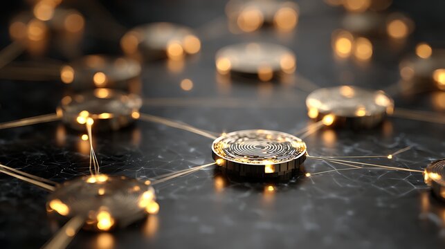digital asset token network for modern finance, illuminated round blockchain nodes linked with thin light beams,