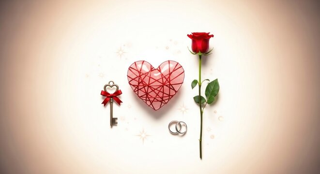 A red heart with a key and a rose on a white background with a soft, blurred background.