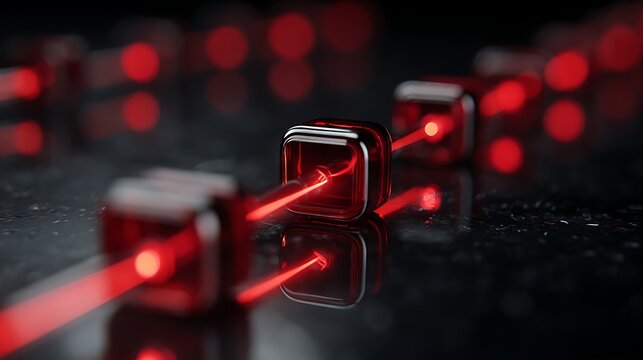 real-world asset tokenization concept, high-end blockchain tokens linked in a secure digital network, red neon accents,