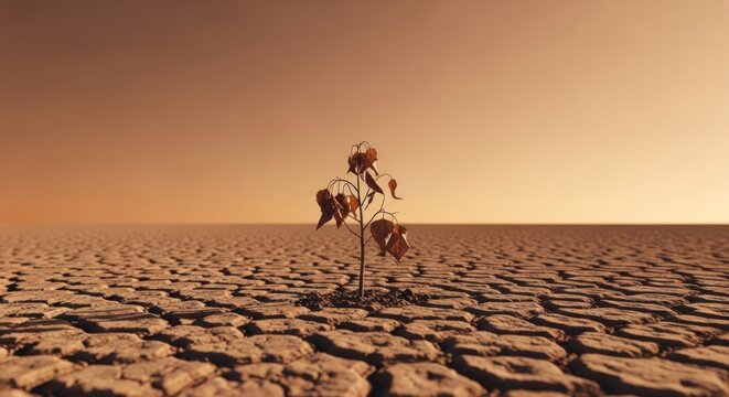A dried plant withered in a barren landscape, with a single leaf still clinging to it, against a backdrop of a dry, cracked earth under a hazy, orange sky.