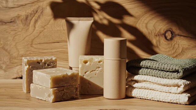 Natural Skincare Products Arranged on Wood Surface with Soft Natural Lighting and Leaf Shadows