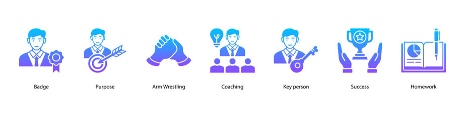 Fototapeta premium Leadership Coaching web banner icon vector illustration featuring Badge, Purpose, Arm Wrestling, Coaching, Key person, Success, and Homework for team and personal growth.