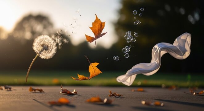 A dandelion seed head, a maple leaf, and a white scarf floating in the air with bubbles, against a blurred background of trees and sunlight.