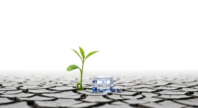 A small green plant growing out of a cracked, dry, brown earth surface, with a single ice cube on the ground nearby.