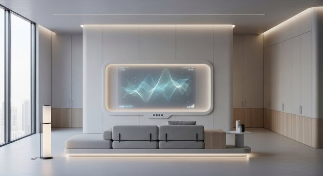 A modern, minimalist living room with a large, flat-screen TV mounted on the wall, featuring a futuristic design with a sleek, white finish. 