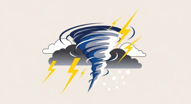 A tornado with a dark blue and white color scheme, surrounded by clouds and lightning bolts, against a light beige background.