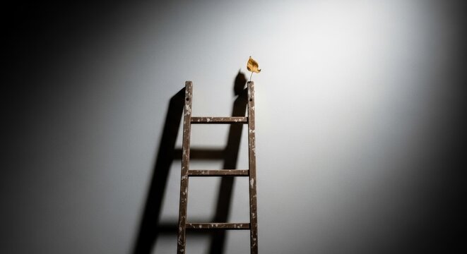 A wooden ladder with a bird perched on top, casting a shadow on a wall, with a gradient background transitioning from dark to light.