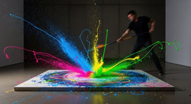 A man in a black shirt is dancing with a colorful, exploding paint splash in a dark, empty room.